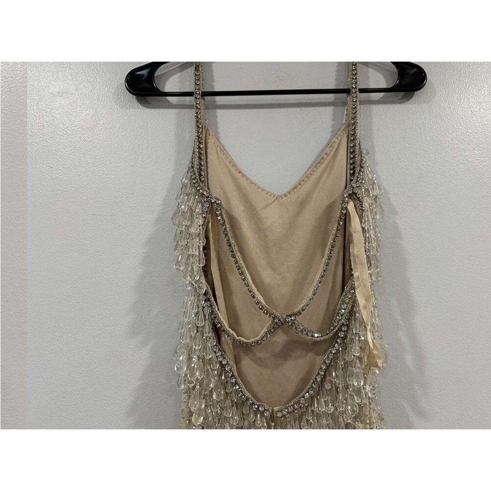Mac Duggal 10101 Nude Silver V-Neck Column Gown with Fringe Embellishments Sz 0 - Picture 6 of 12